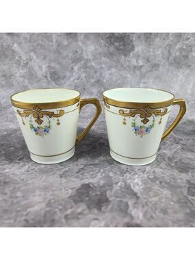 Set of 2 Bone China Tea Cups White Gold Trim & Handle Floral Accents Vintage